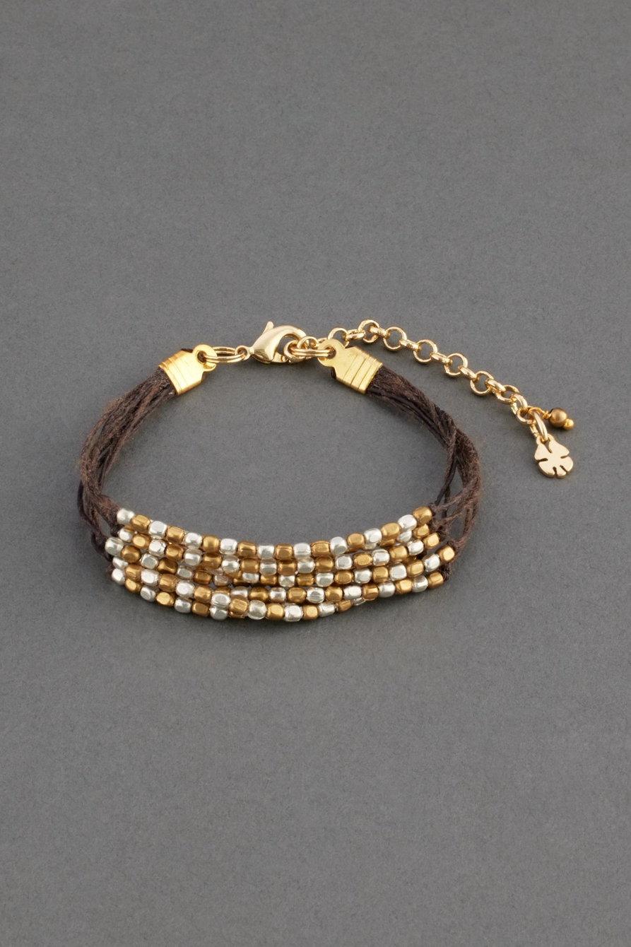 two tone beaded leather layer bracelet